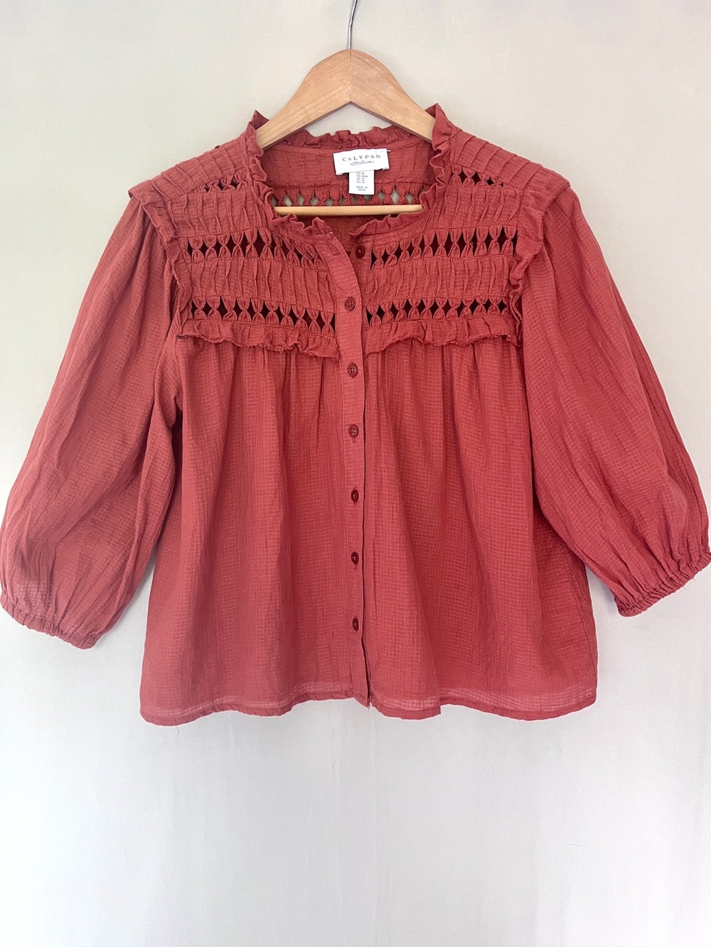 Calypso St. Barth Rust Colour Gauze Peasant Blouse Puff Sleeve Boho Top M